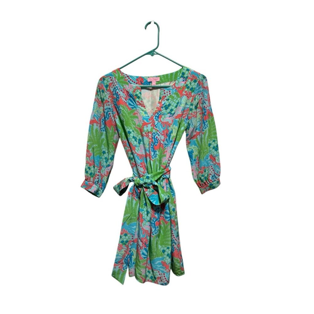 Lilly Pulitzer Anya Silk Dress Sz 0 Surf Blue Checking Preppy Tropical Resort